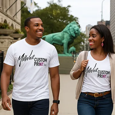 Couple in Chicago with custom branded shirts