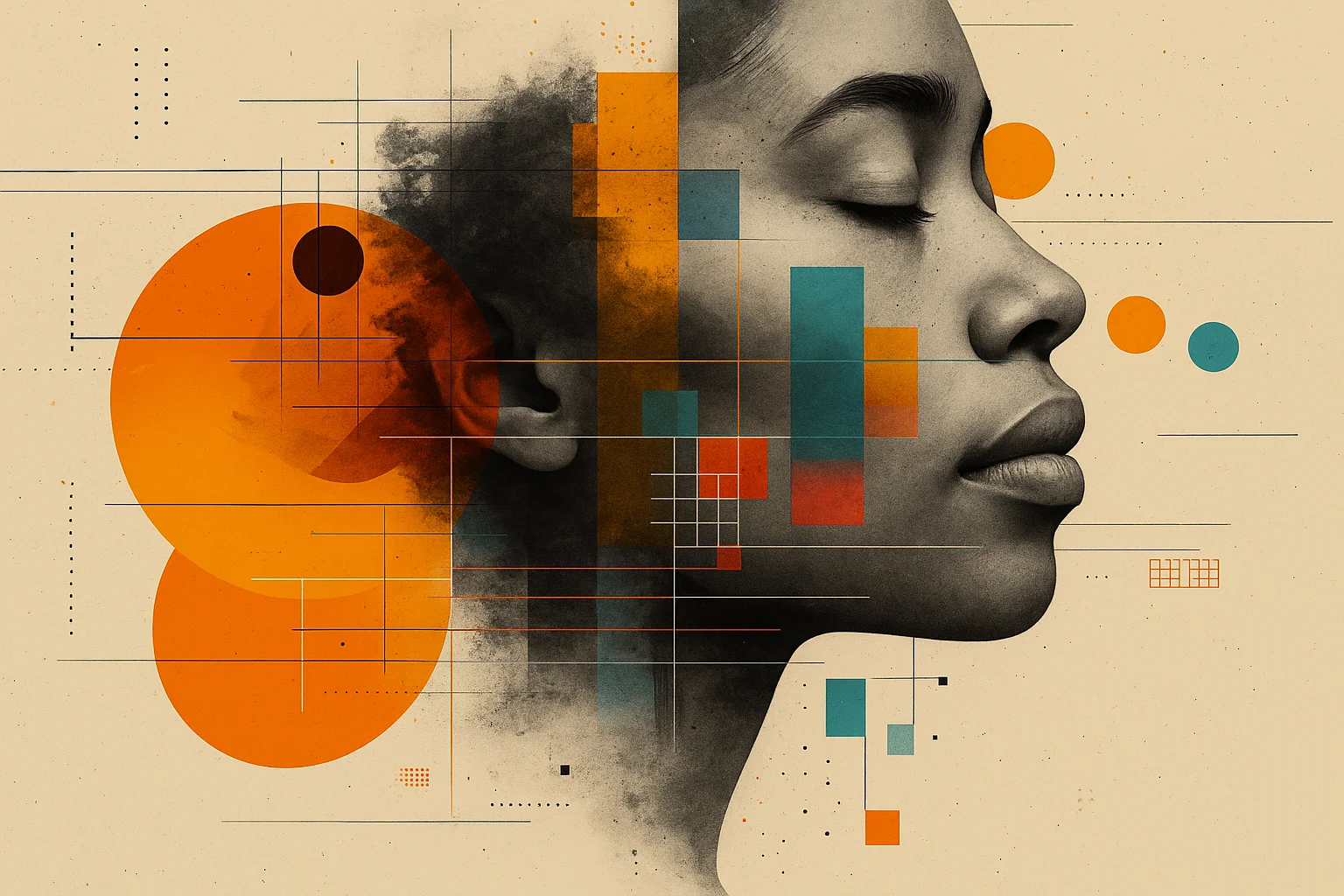 Woman’s profile over abstract shapes — custom print & design services in Chicago
 