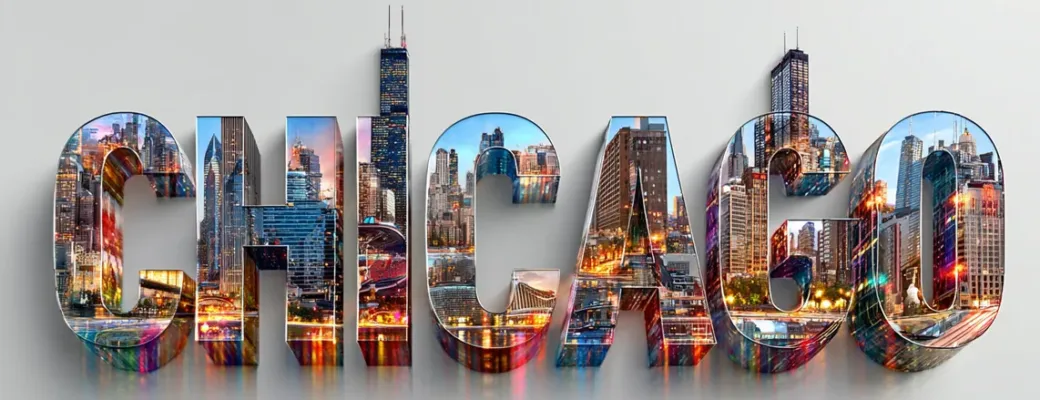 Chicago text with city background