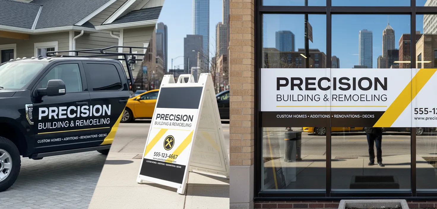 Collage of custom signs and vehicle wraps