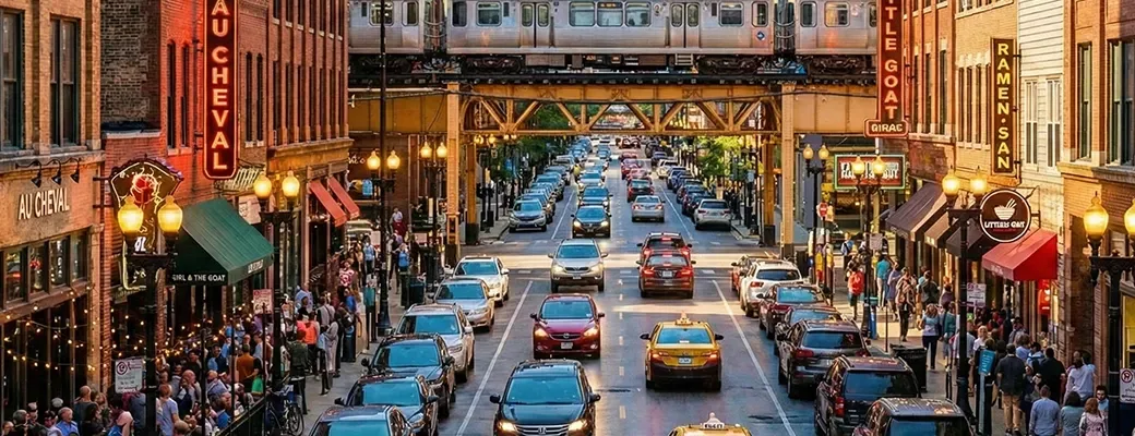 Busy restaurant row in Chicago