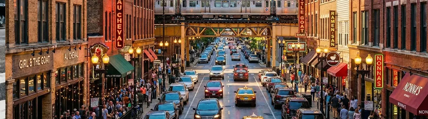 Busy restaurant row in Chicago