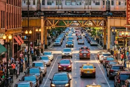 Busy restaurant row in Chicago