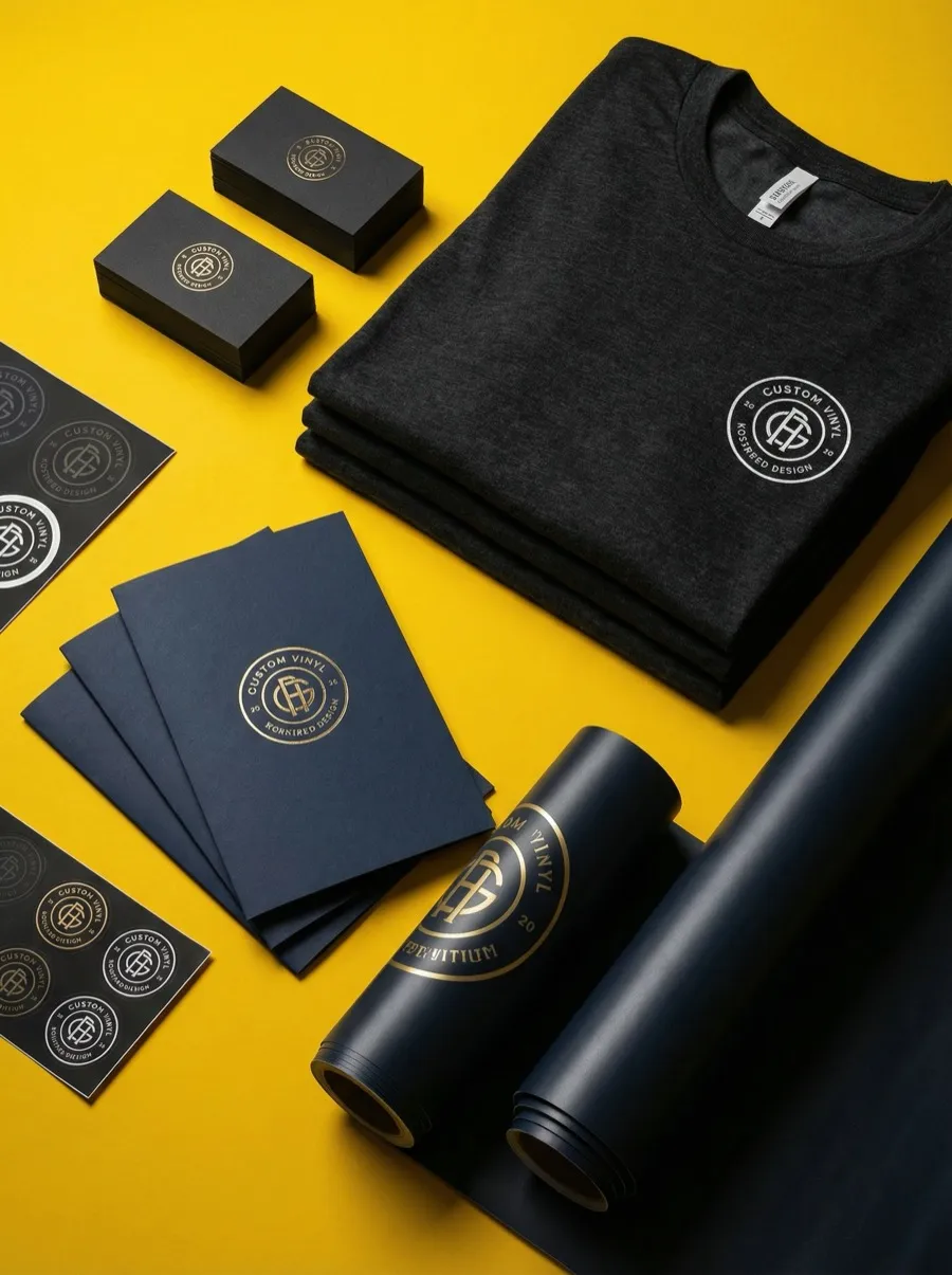 Custom printing products from Midwest Custom Print Chicago including banners, business cards, stickers, t-shirts, and folders on yellow background