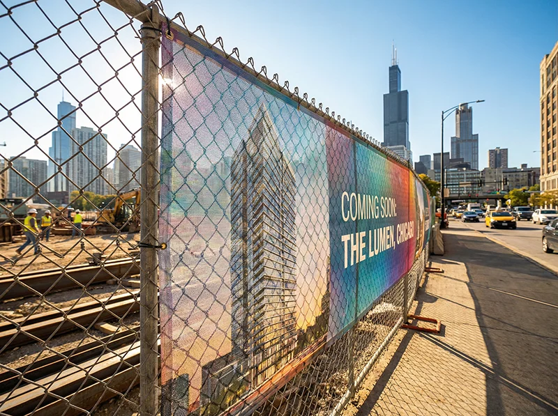 mesh construction banner on Chicago fence with skyline