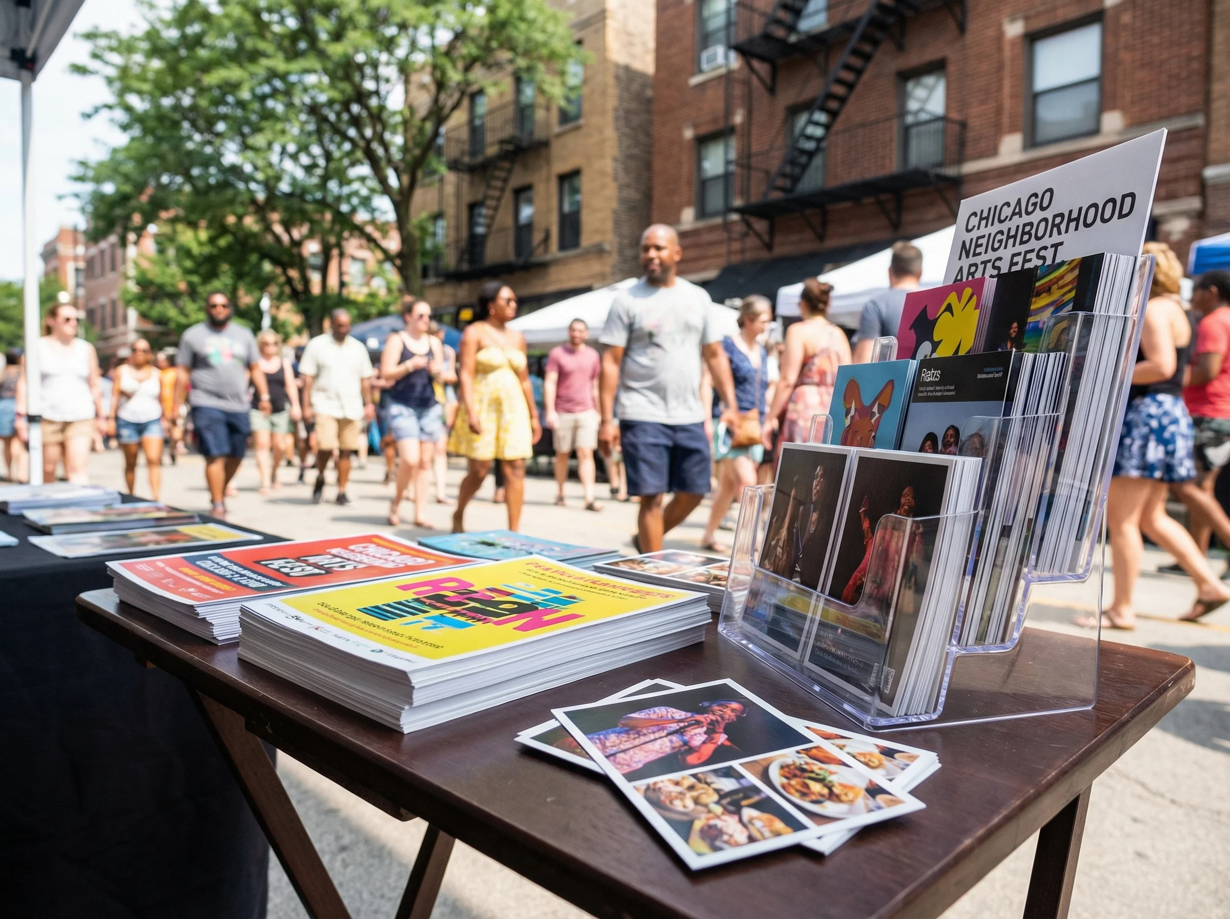 Custom printed flyers and postcards at a Chicago neighborhood street festival