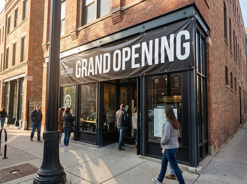 custom grand opening banner on Chicago storefront
